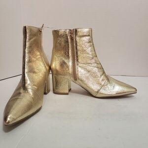 Sugar Metallic Gold Ankle Booties, Sz:8, Pointy Toe, Block Heel